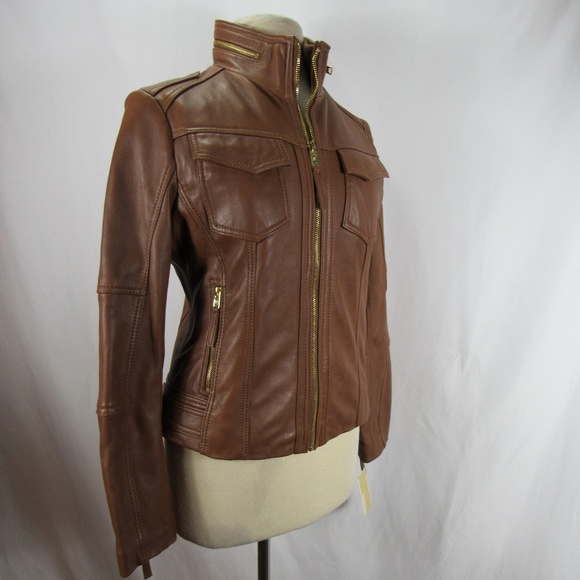 Michael Kors Jackets & Blazers - Michael Kors Cognac Leather Moto Jacket Med NEW
